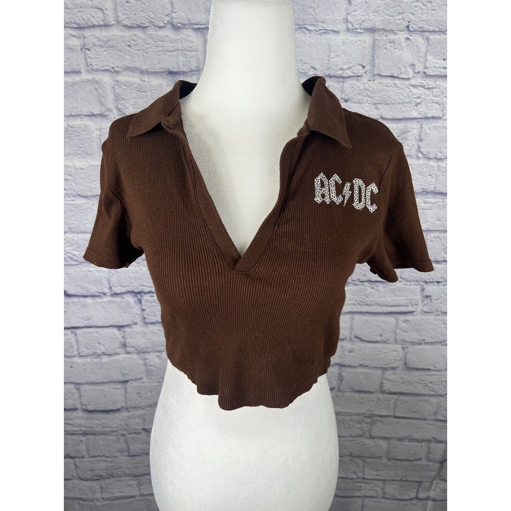 ACDC Cropped Collared V Neck Rib Knit Womens Polo Top Tee Shirt - Size Medium